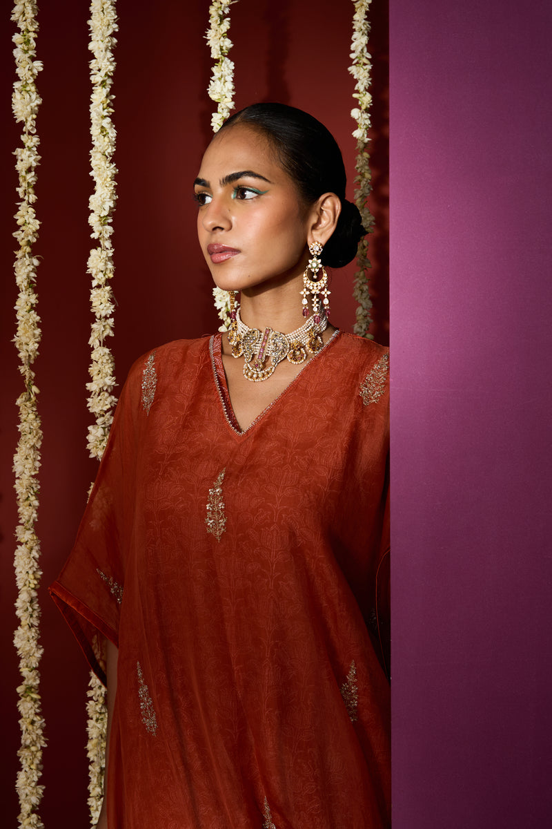 Organza Hand Embroidered Kaftan - Orange