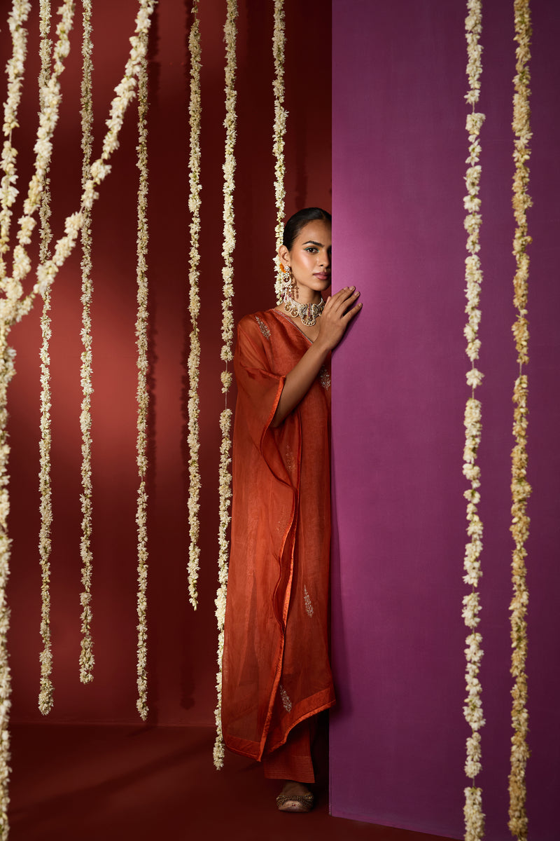 Organza Hand Embroidered Kaftan - Orange