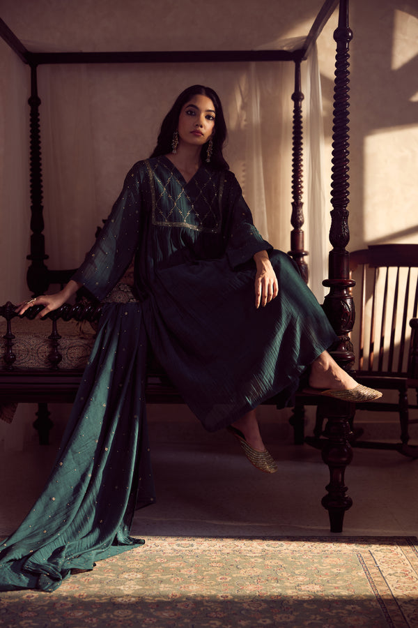 Chanderi Embroidered Kurta - Green