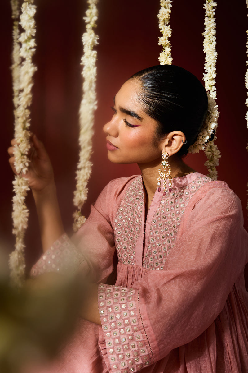 Chanderi Hand Embroidered Kurta - Pink