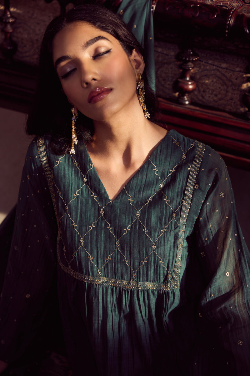 Chanderi Embroidered Kurta - Green