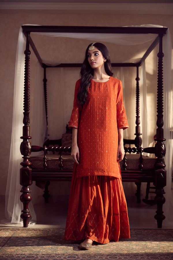 Chanderi Embroidered Kurta - Rust