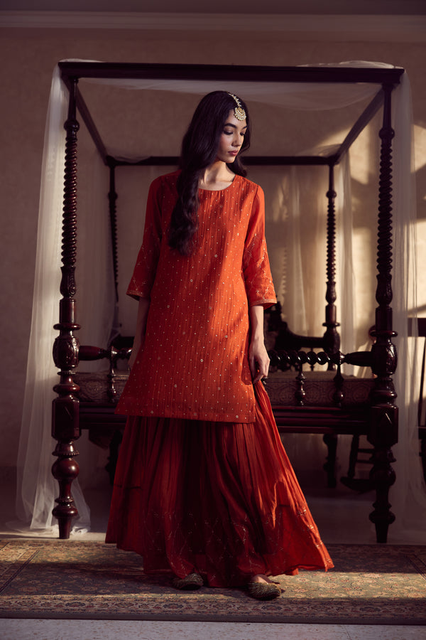 Chanderi Sharara With Drawstring Waistband - Rust