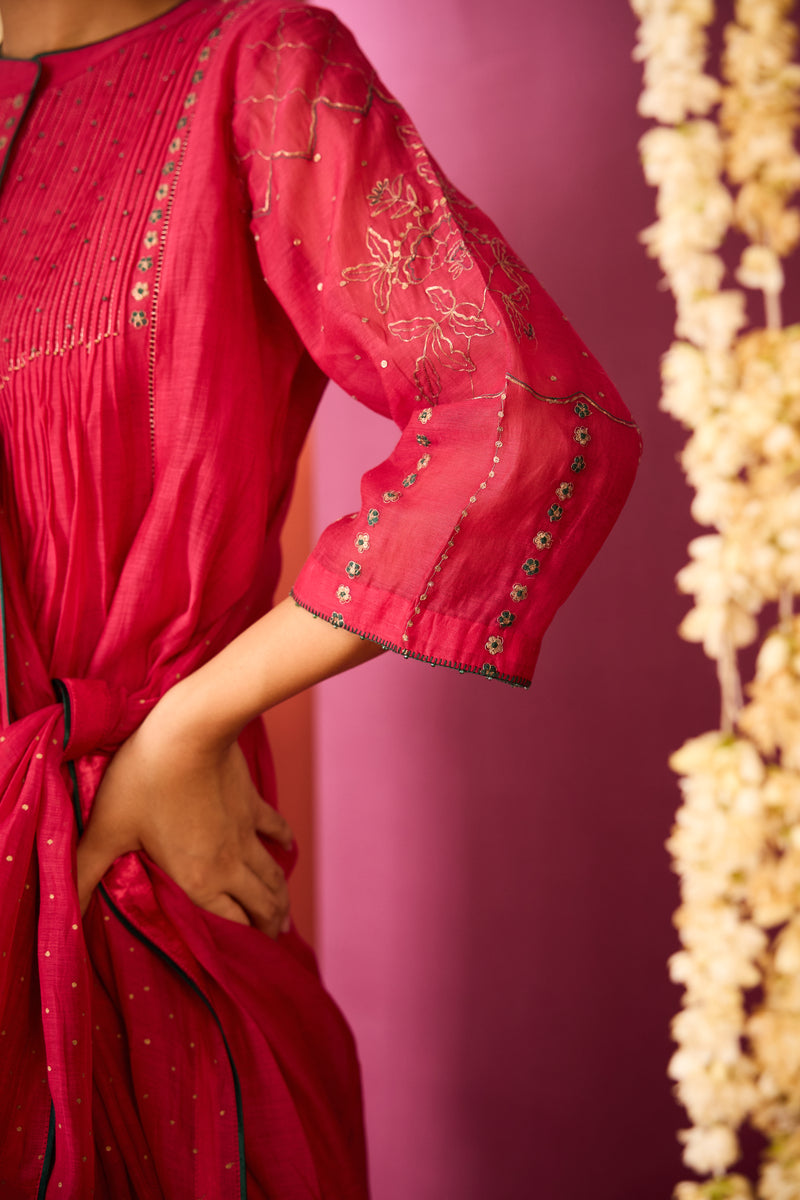 Chanderi Hand Embroidered Kurta - Pink
