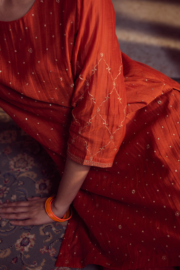 Chanderi Embroidered Kurta - Rust