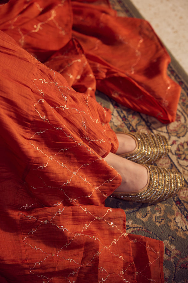 Chanderi Sharara With Drawstring Waistband - Rust