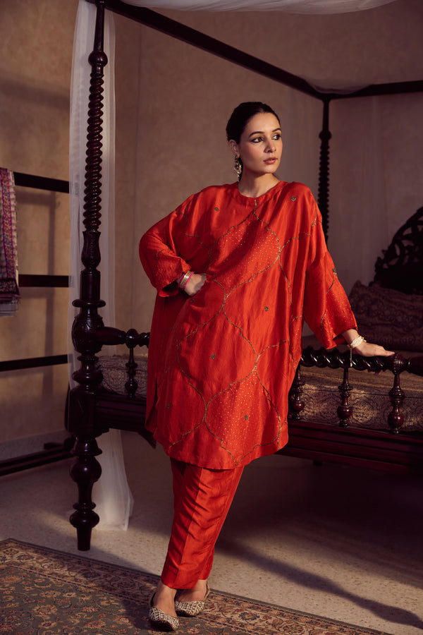 Dupion Silk Hand Embroidered Tunic - Orange