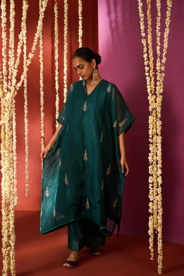 Organza Hand Embroidered Kaftan - Green