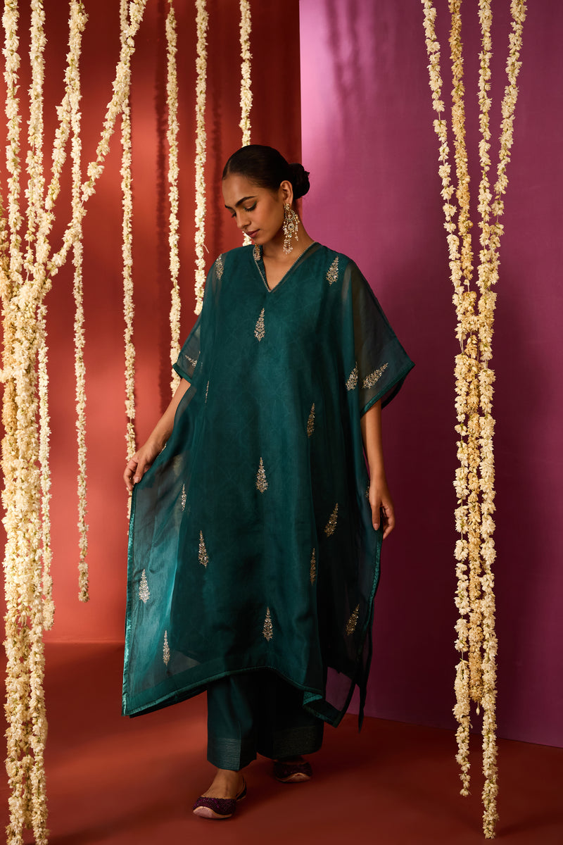 Organza Hand Embroidered Kaftan - Green