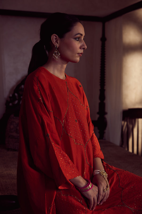 Dupion Silk Hand Embroidered Tunic - Orange