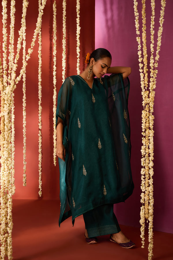 Organza Hand Embroidered Kaftan - Green