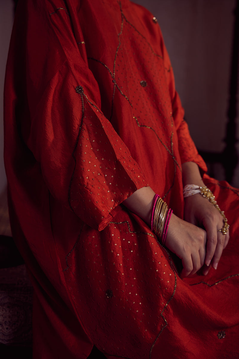 Dupion Silk Hand Embroidered Tunic - Orange
