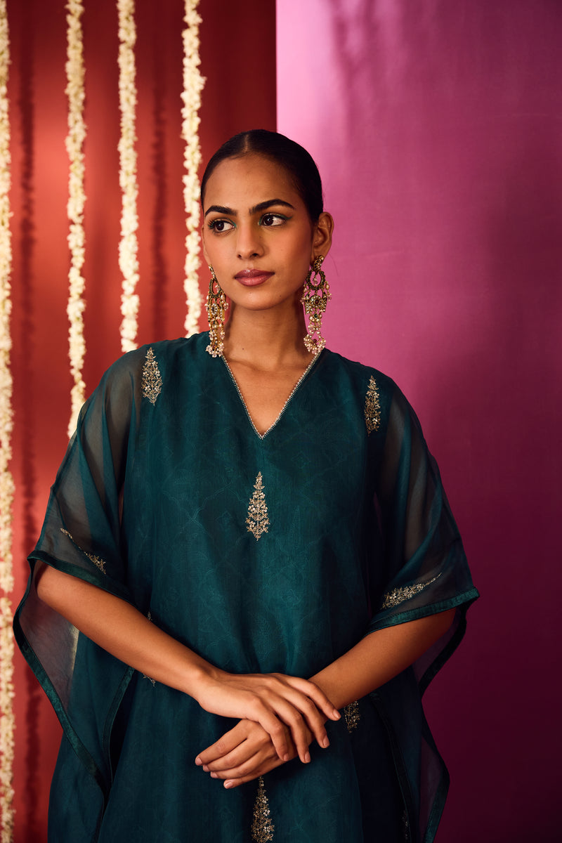 Organza Hand Embroidered Kaftan - Green
