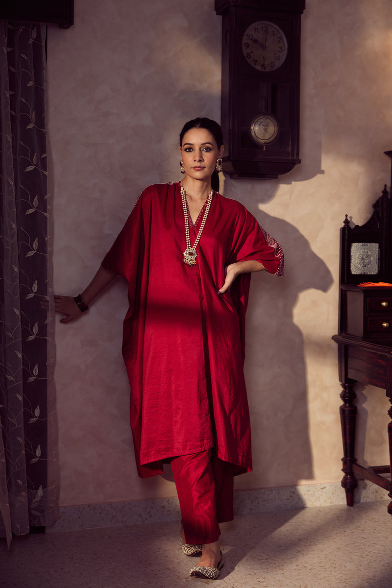 Silk Hand Embroidered Kaftan - Maroon