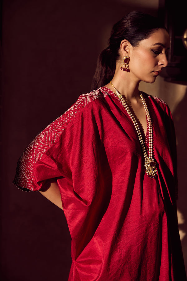Silk Hand Embroidered Kaftan - Maroon