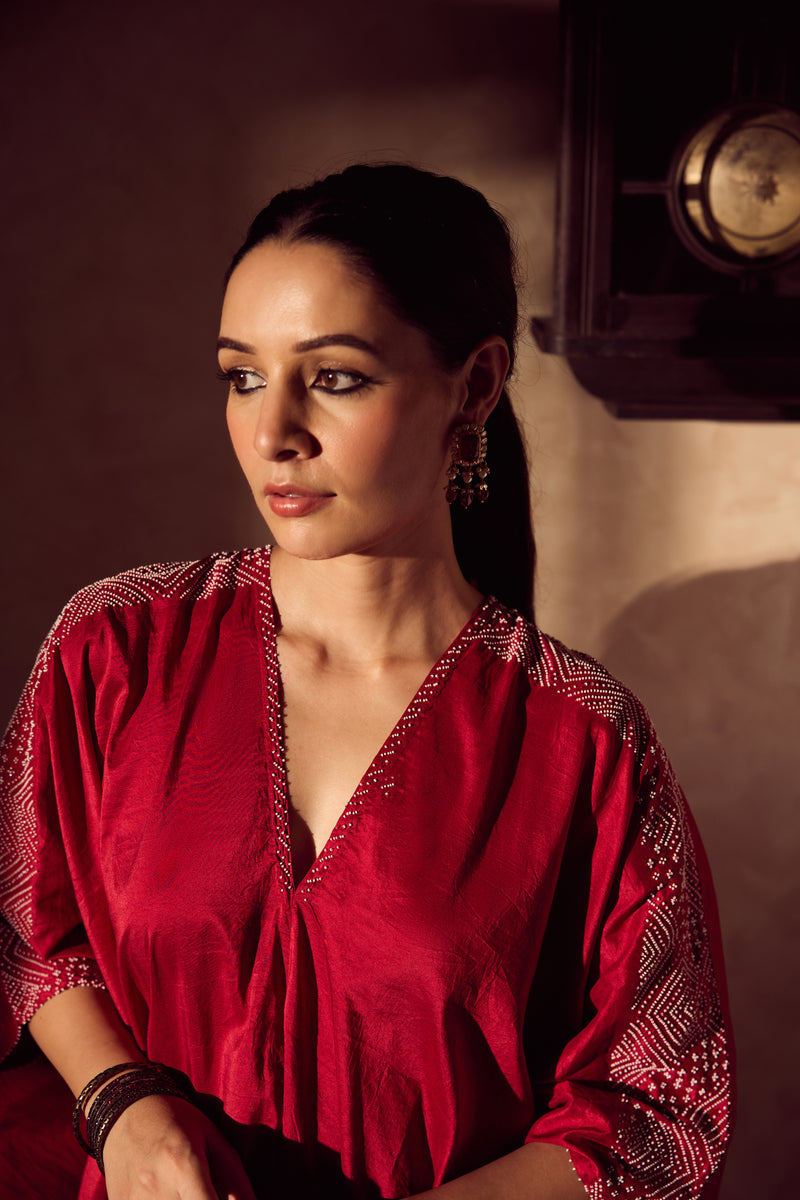 Silk Hand Embroidered Kaftan - Maroon