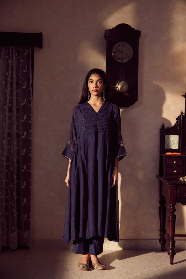 Chanderi Hand Embroidered Kurta - Blue