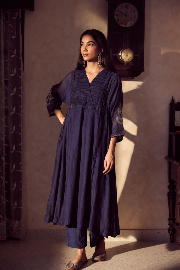 Chanderi Hand Embroidered Kurta - Blue