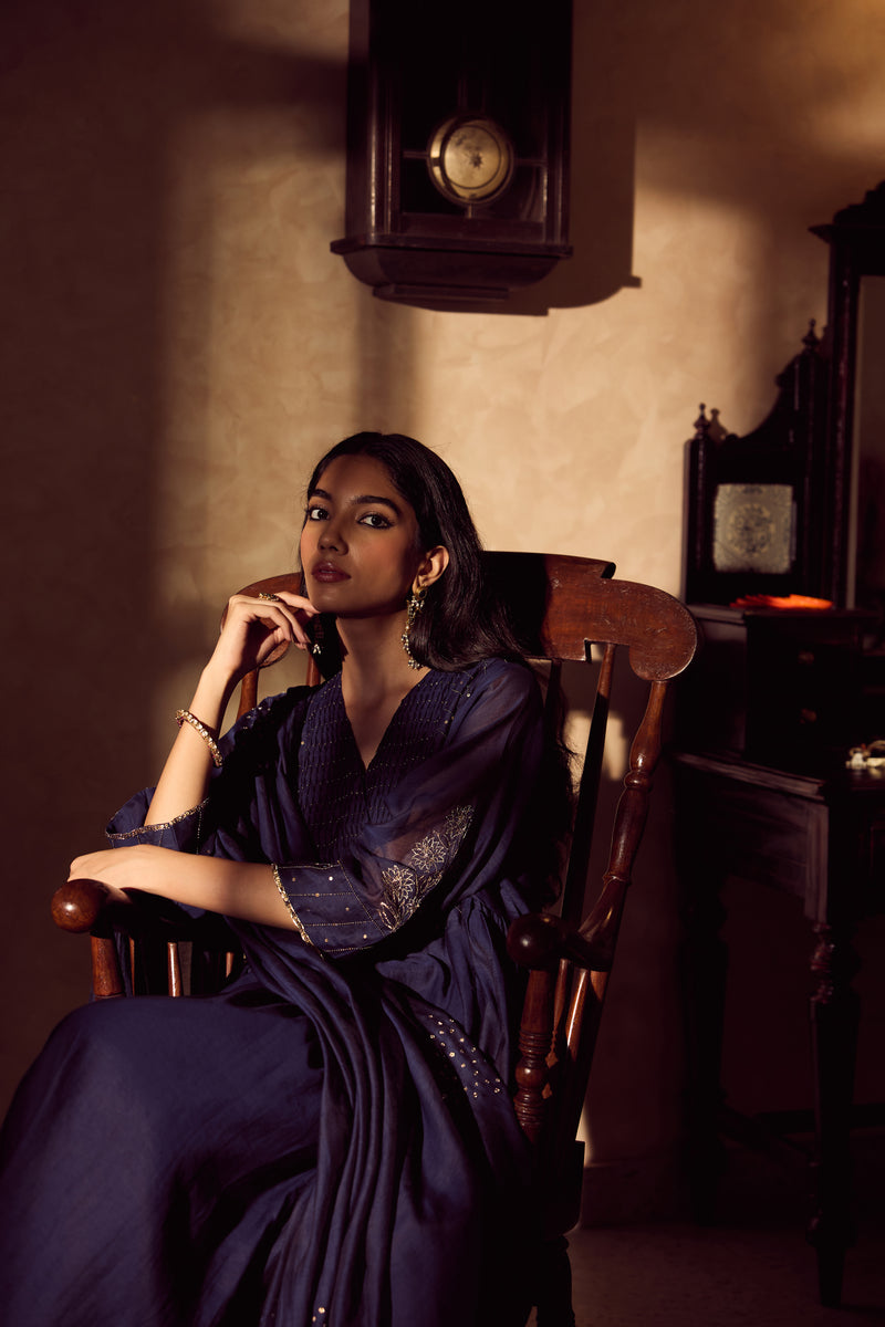 Chanderi Hand Embroidered Kurta - Blue