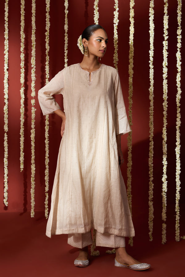Chanderi Hand Embroidered Kurta - Beige
