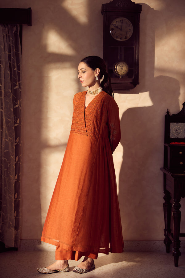 Chanderi Hand Embroidered Kurta - Orange