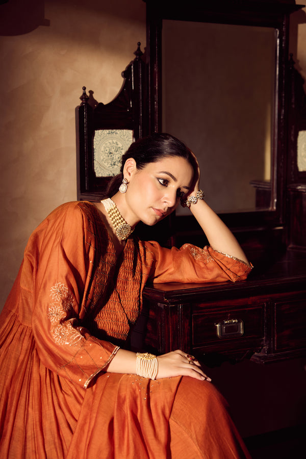 Chanderi Hand Embroidered Kurta - Orange