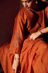 Chanderi Hand Embroidered Kurta - Orange