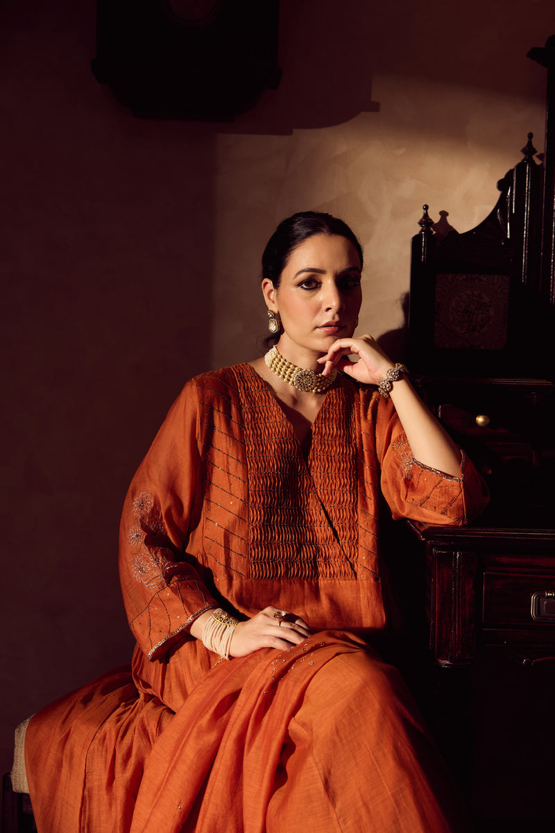 Chanderi Hand Embroidered Kurta - Orange