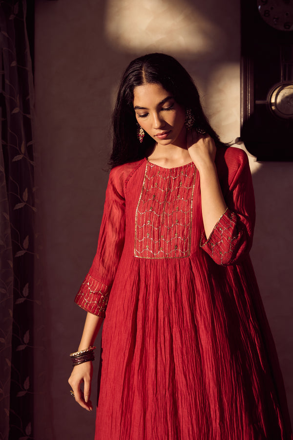 Chanderi Hand Embroidered Kurta -Maroon