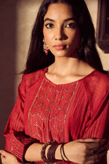 Chanderi Hand Embroidered Kurta -Maroon