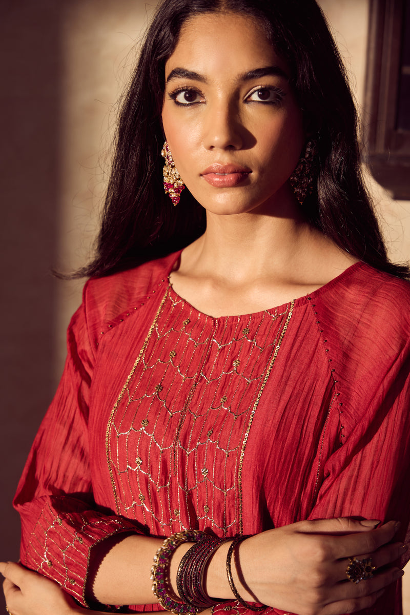 Chanderi Hand Embroidered Kurta -Maroon