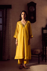 Chanderi Hand Embroidered Kurta - Yellow
