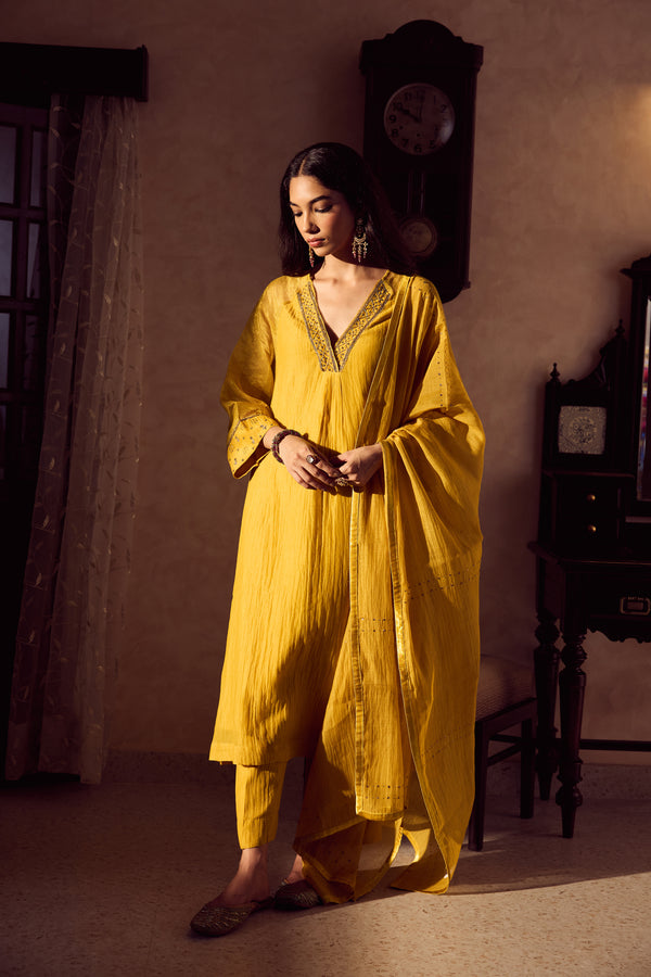 Chanderi Hand Embroidered Kurta - Yellow
