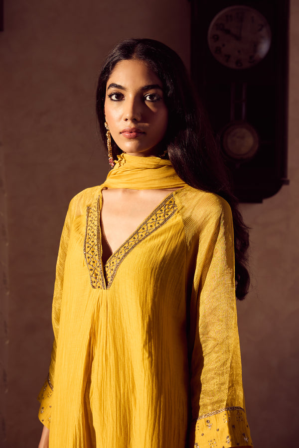Chanderi Hand Embroidered Kurta - Yellow
