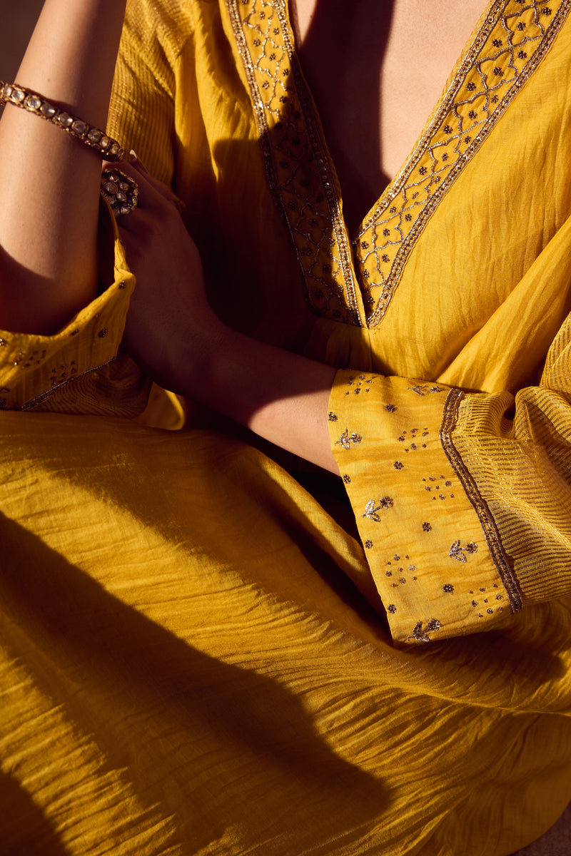 Chanderi Hand Embroidered Kurta - Yellow