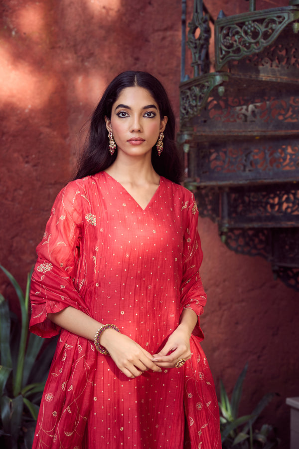 Chanderi Hand Embroidered Kurta - Red