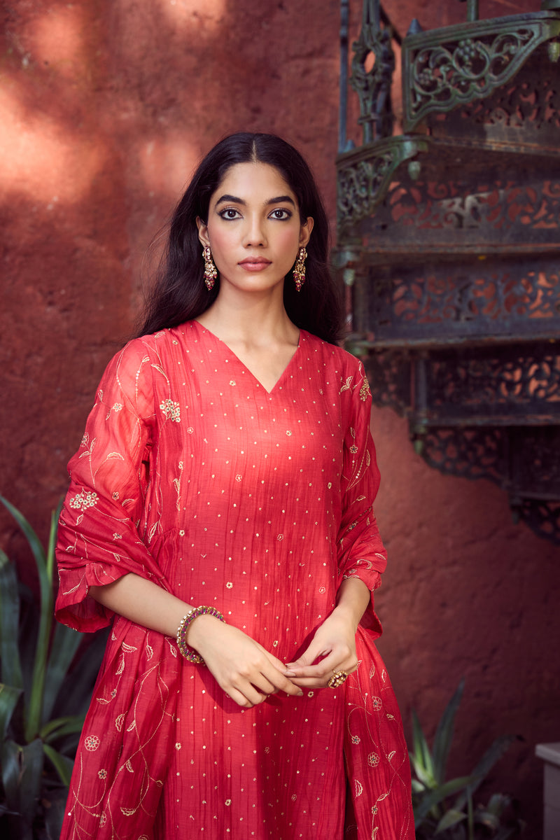 Chanderi Hand Embroidered Kurta - Red