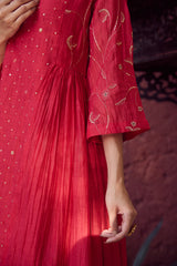 Chanderi Hand Embroidered Kurta - Red