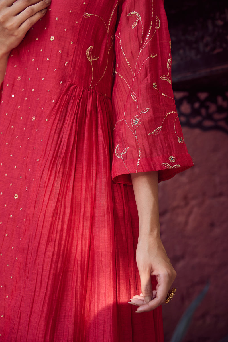 Chanderi Hand Embroidered Kurta - Red