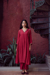 Chanderi Hand Embroidered Kurta - Red