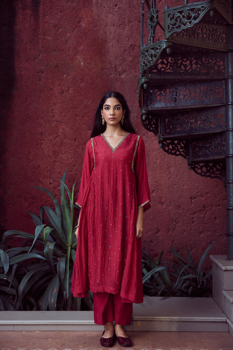 Chanderi Hand Embroidered Kurta - Red