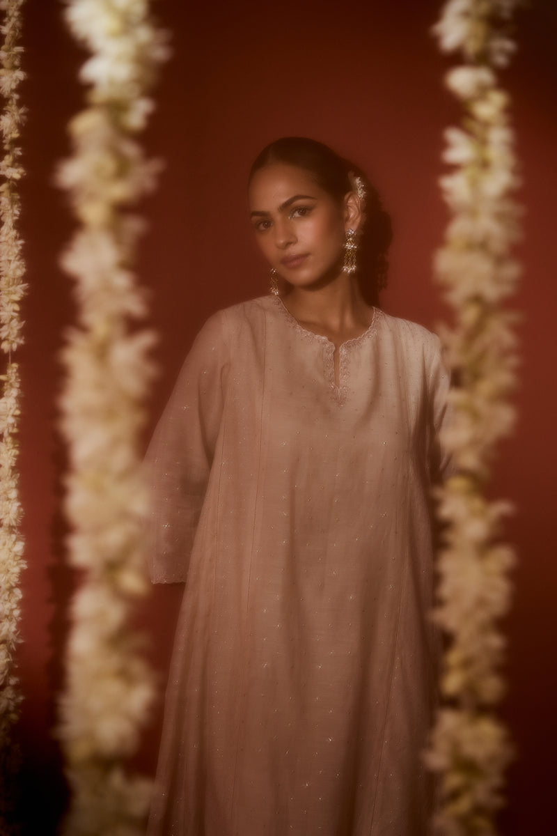 Chanderi Hand Embroidered Kurta - Beige