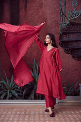 Chanderi Hand Embroidered Kurta - Red