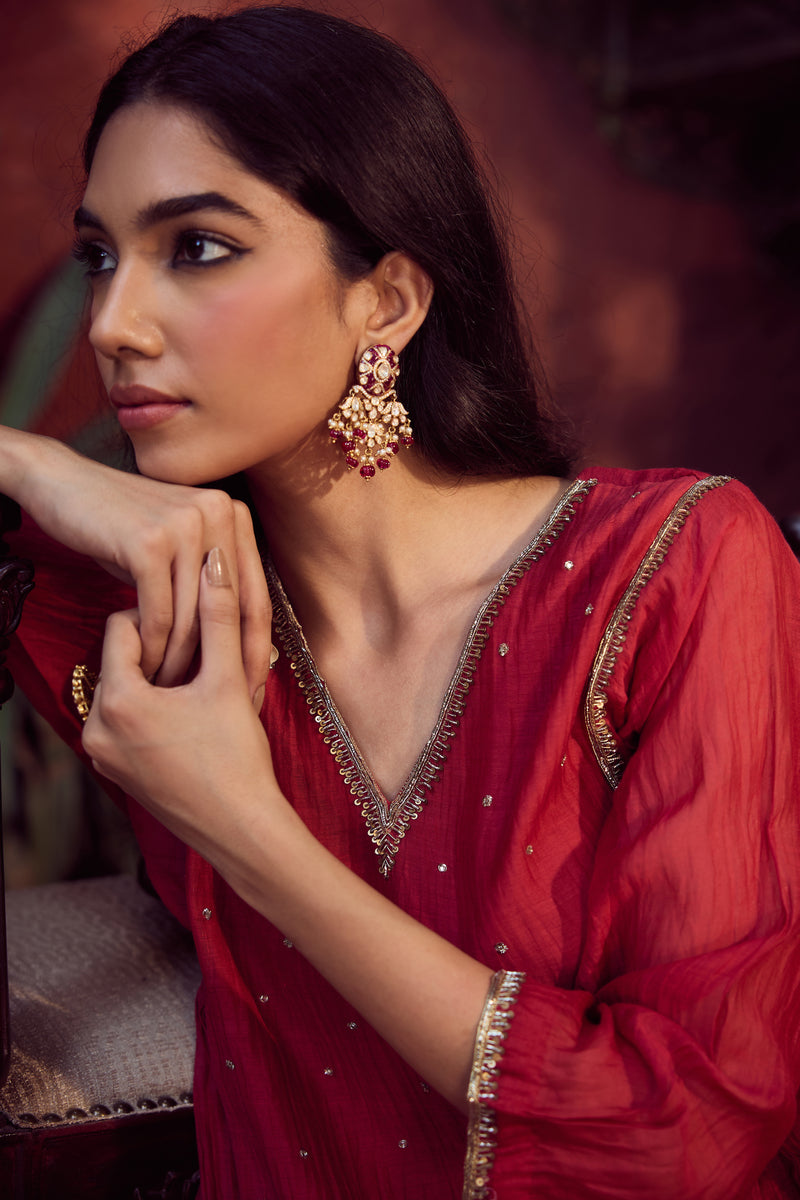 Chanderi Hand Embroidered Kurta - Red