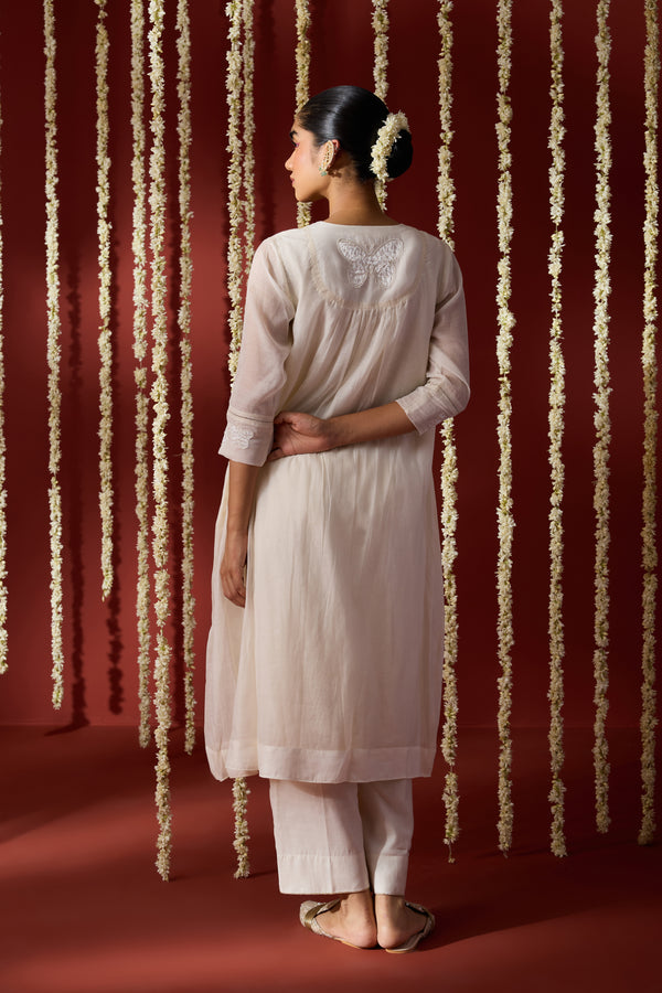 Chanderi Hand Embroidered Kurta - White