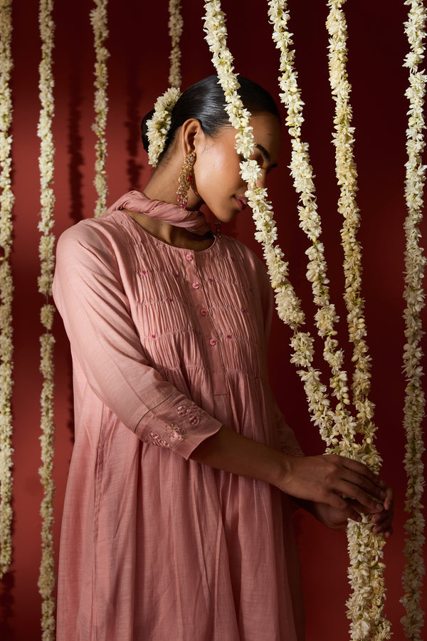Chanderi Hand Embroidered Kurta - Pink