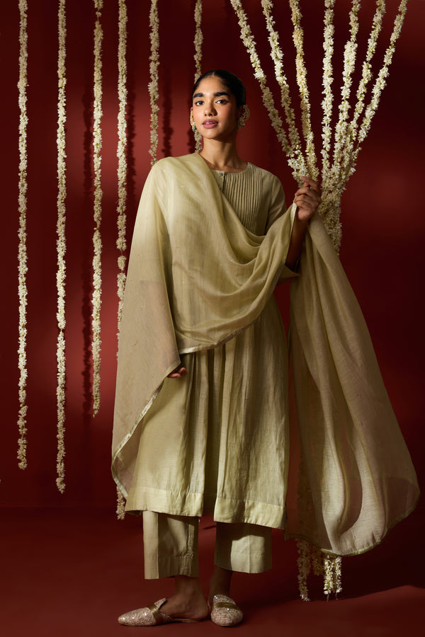 Chanderi Hand Embroidered Kurta - Green