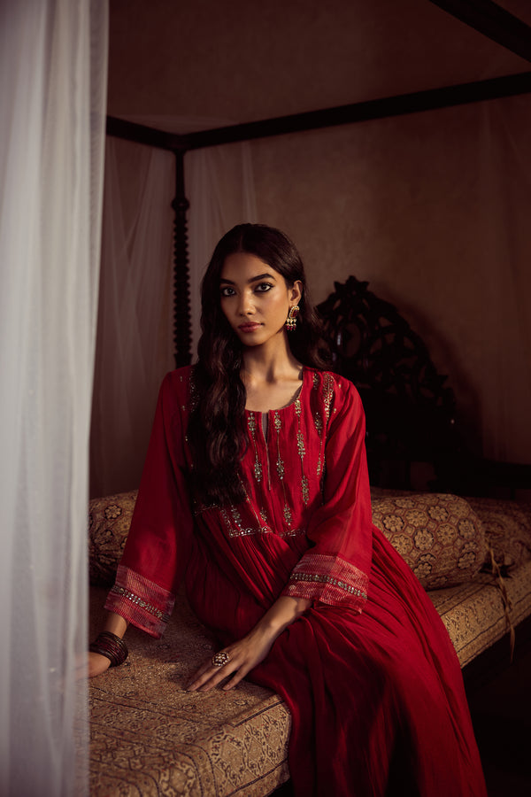 Chanderi Hand Embroidered Kurta - Red