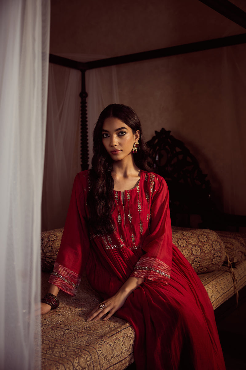 Chanderi Hand Embroidered Kurta - Red