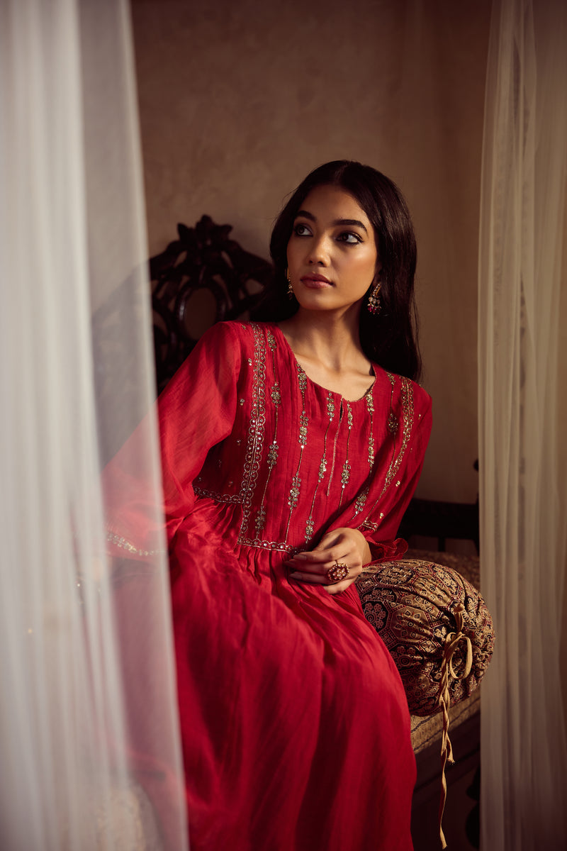 Chanderi Hand Embroidered Kurta - Red